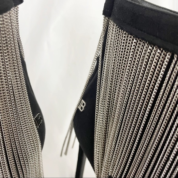 Balmain Mercy Suede Chain Fringe Pointed Toe Stiletto Heeled Ankle Boots Black - Picture 5 of 14